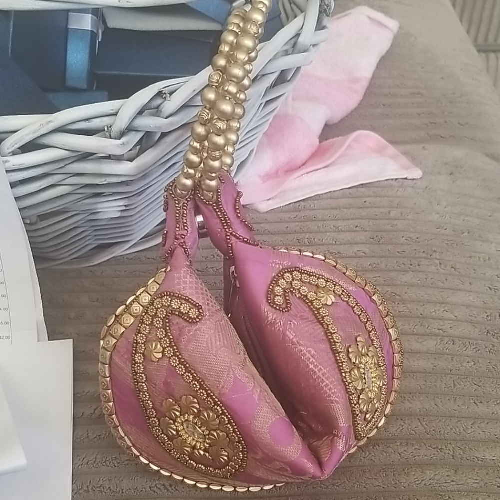 Pink Beaded Elephant Potli Fortune Cookie Bag